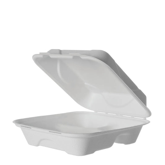 Vanguard Renewable & Compostable Sugarcane Clamshells, 3-Cmpt - 8in x 8in x 3in (QTY:200)