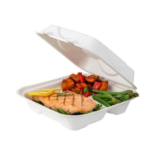 Vanguard Soak Proof 8" x 8" x 3" 3-Compartment Hinged Molded Fiber Clamshell (QTY:200)