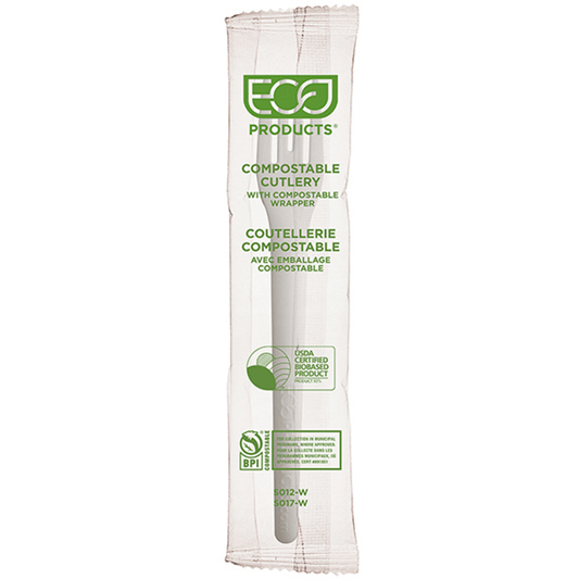 Plantware Renewable & Compostable Individually Wrapped Fork - 6" White, Compostable Wrapper (QTY:1000)