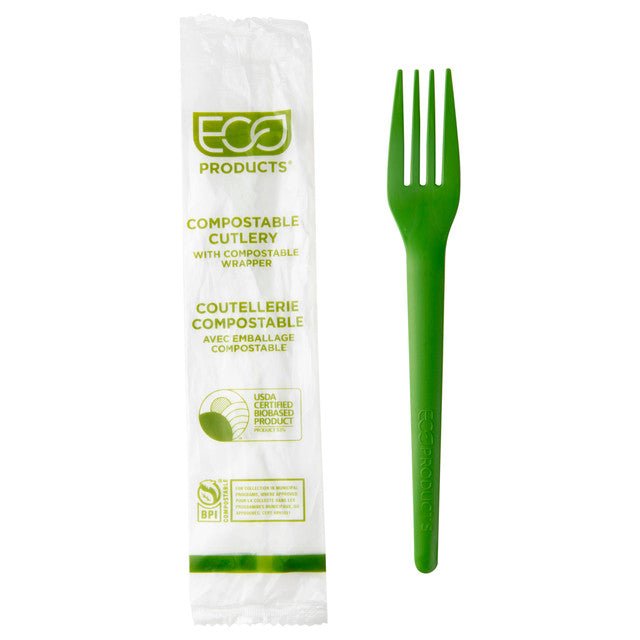 GreenStripe Plantware Renewable & Compostable Individually Wrapped Fork - 7in Green, Compostable Wrapper (QTY:1000)