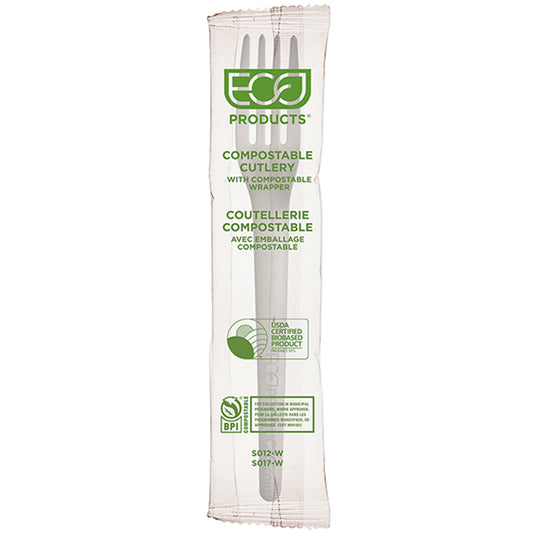 Plantware Renewable & Compostable Individually Wrapped Fork - 7" White, Compostable Wrapper (QTY:1000)