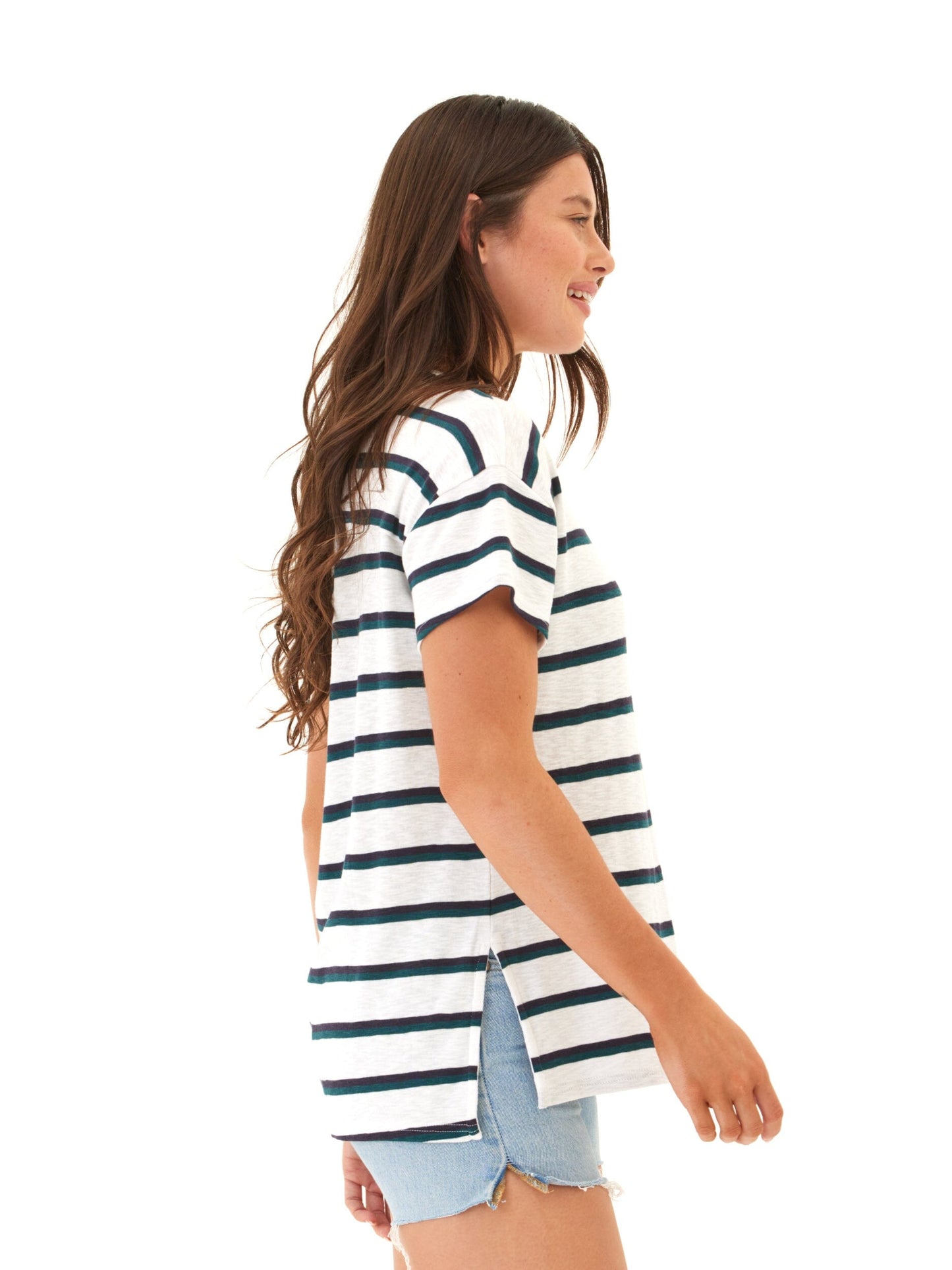 Vera Galapagos Stripe Textured Slub Jersey V-Neck Top