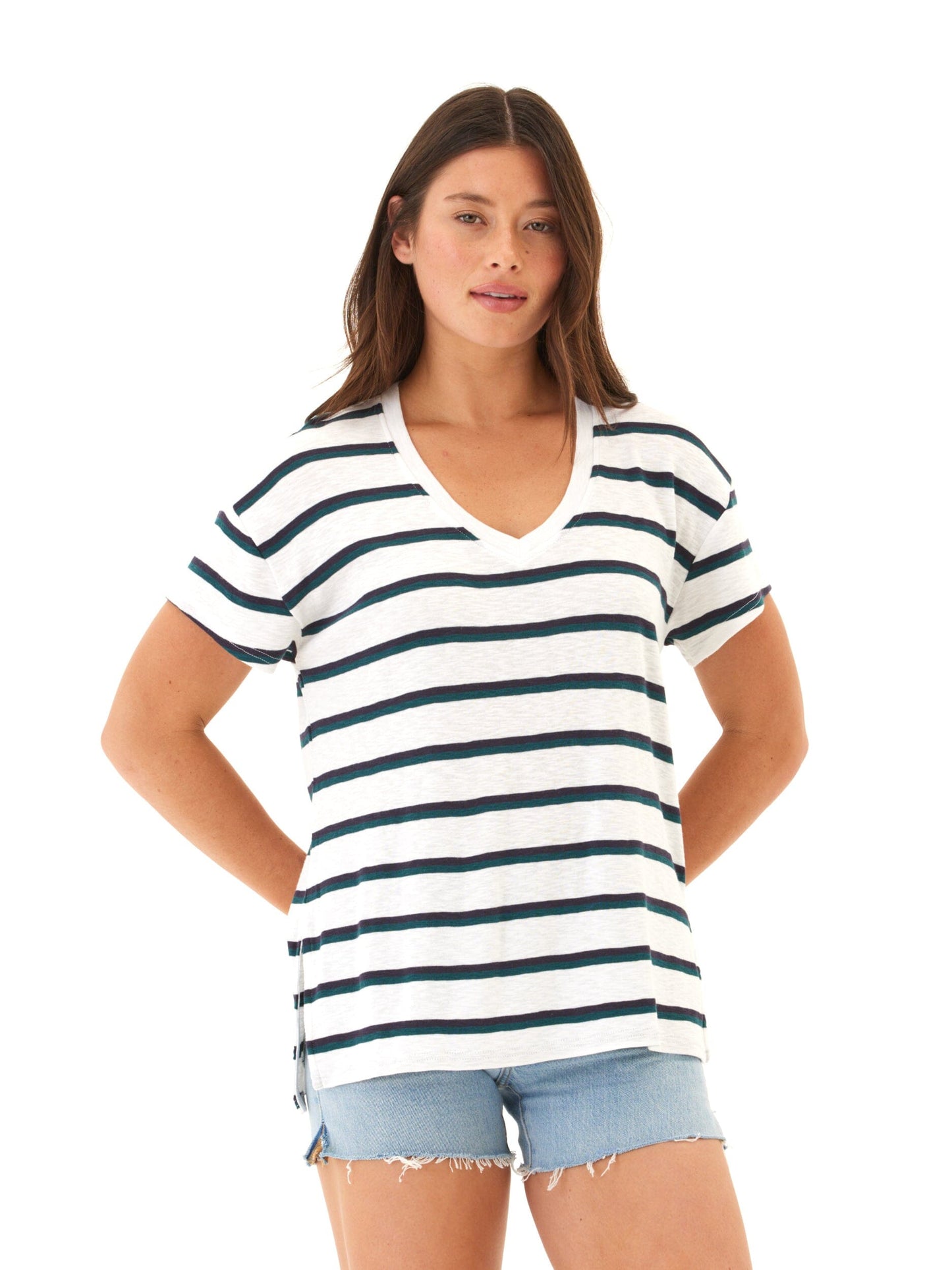 Vera Galapagos Stripe Textured Slub Jersey V-Neck Top