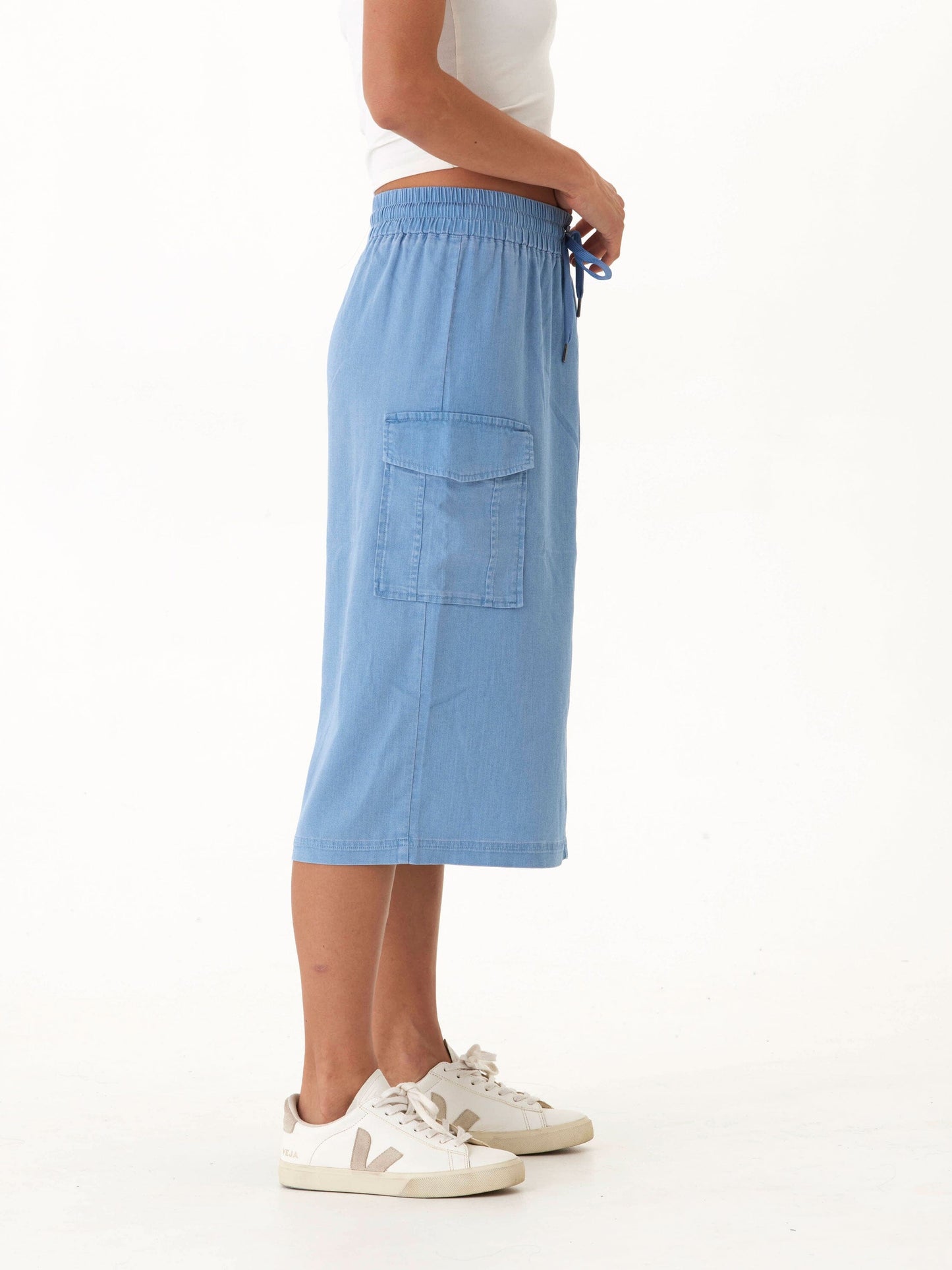 Wynne Stretch Chambray Cargo Midi Skirt