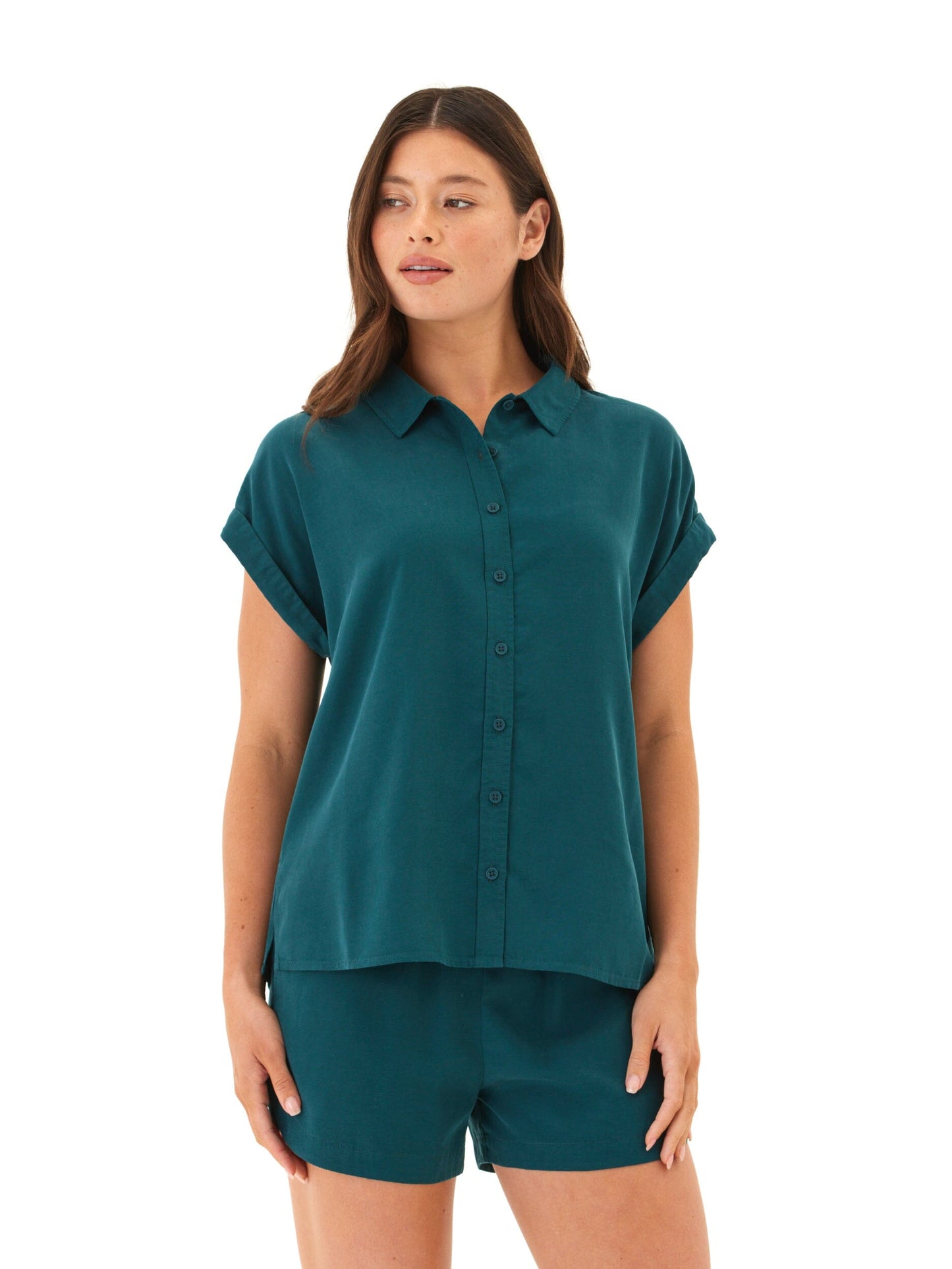 Arianna Breezy Linen Short Sleeve Button-Up