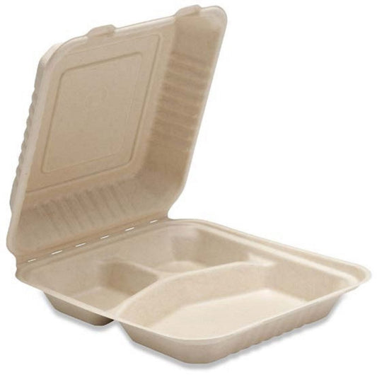 Vegware 8" 3-Compt Clamshell Natural Brown (QTY:200)