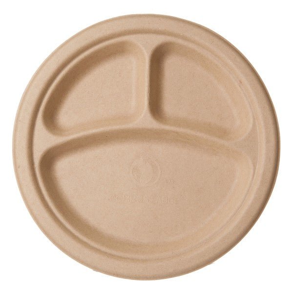 Vegware 10in 3-Compartment Molded Fiber Plate, Natural Brown (QTY:500)