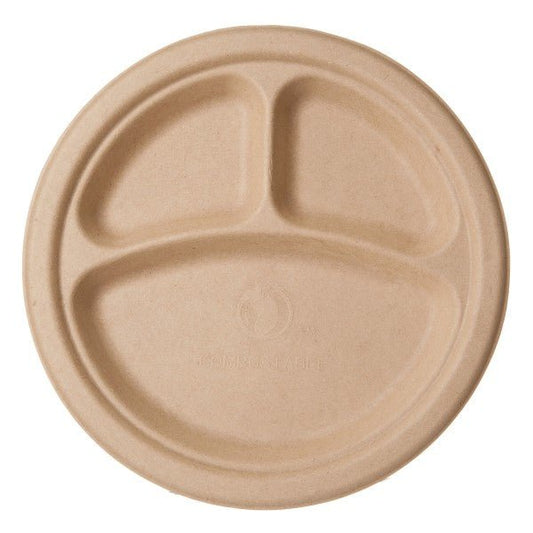Vegware 10in 3-Compartment Molded Fiber Plate, Natural Brown (QTY:500)