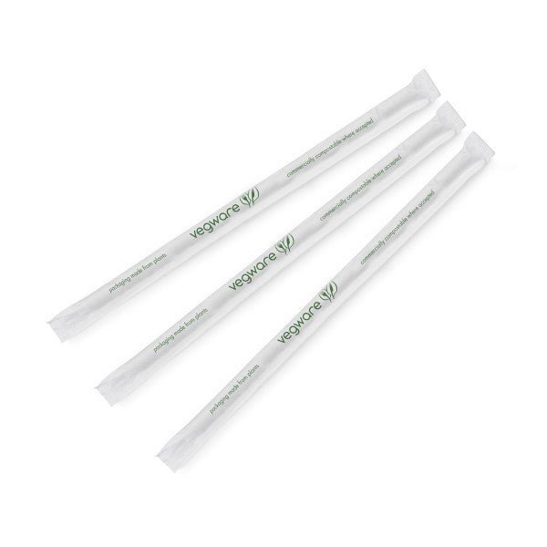 Vegware 8.25" Paper Wrapped Straw, 7mm, Translucent with Green Stripe, PLA (QTY:3000)