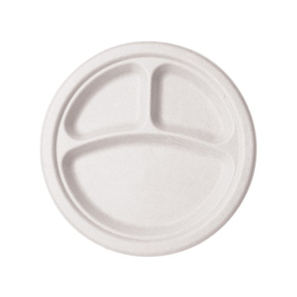 9in 3-Comp Circle Plates | White Molded Fiber Vegware (QTY: 500)