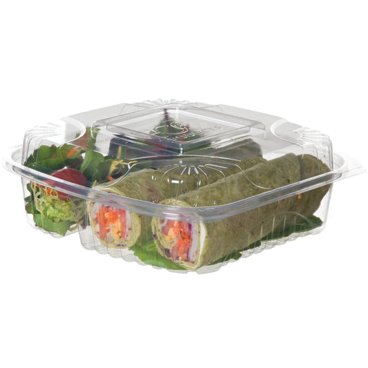GreenStripe Renewable & Compostable Clear Clamshells, 3-Cmpt - 8in x 8in x 3in (QTY:160)