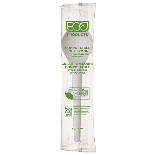 Plantware Renewable & Compostable Individually Wrapped Soup Spoon - 6in, Compostable Wrapped (QTY: 1000)