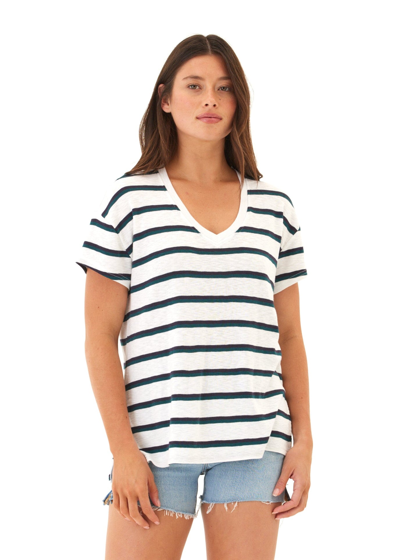 Vera Galapagos Stripe Textured Slub Jersey V-Neck Top