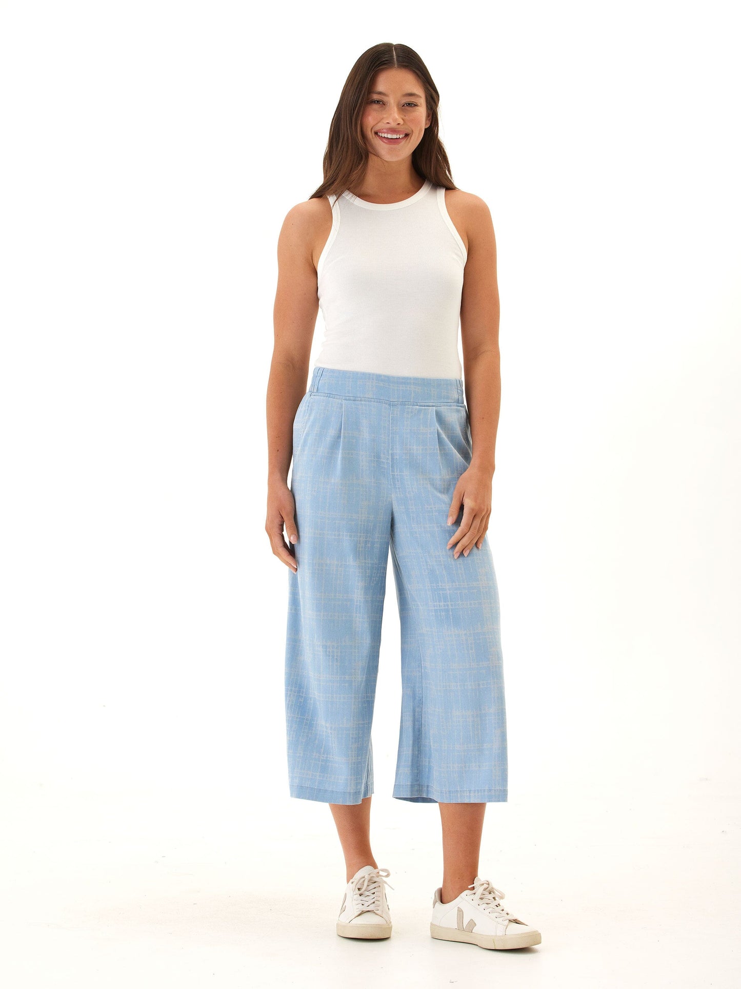Alora Grid Plaid Stretch Chambray Capri Pant