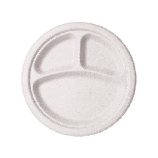 9in 3-Comp Circle Plates | White Molded Fiber Vegware (QTY: 500)
